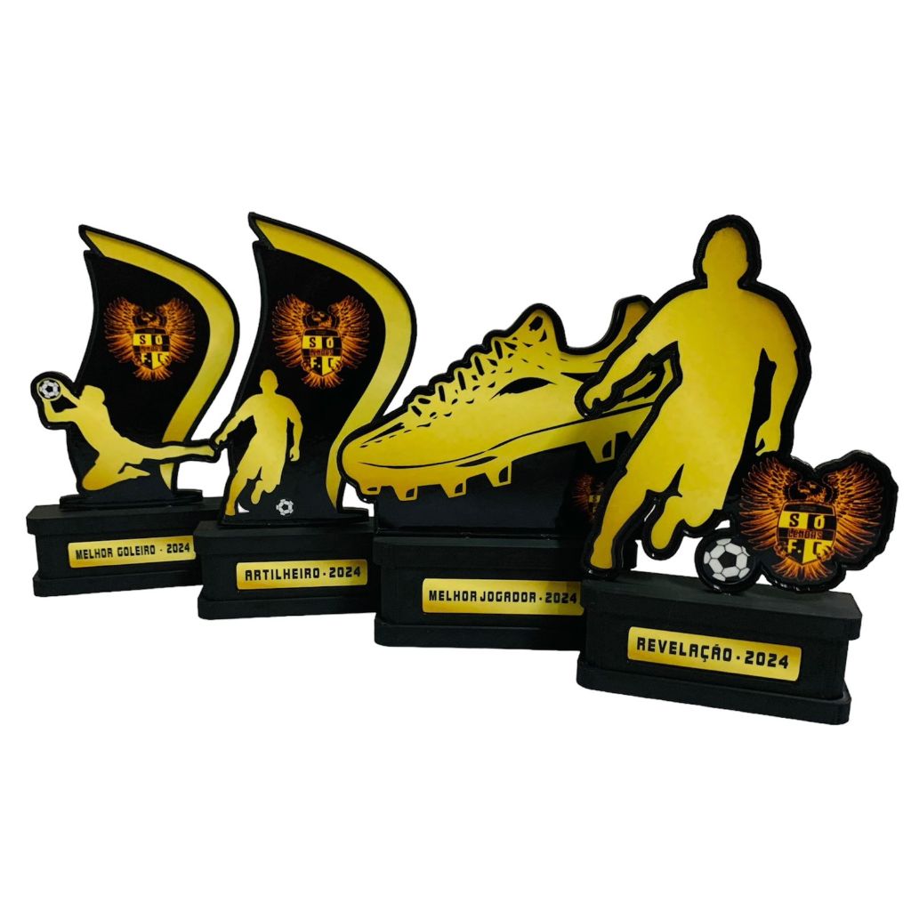 Kit Troféu 4 Pçs Personalizado Campeonato Futebol Base Injetada Impressão Em Acrílico