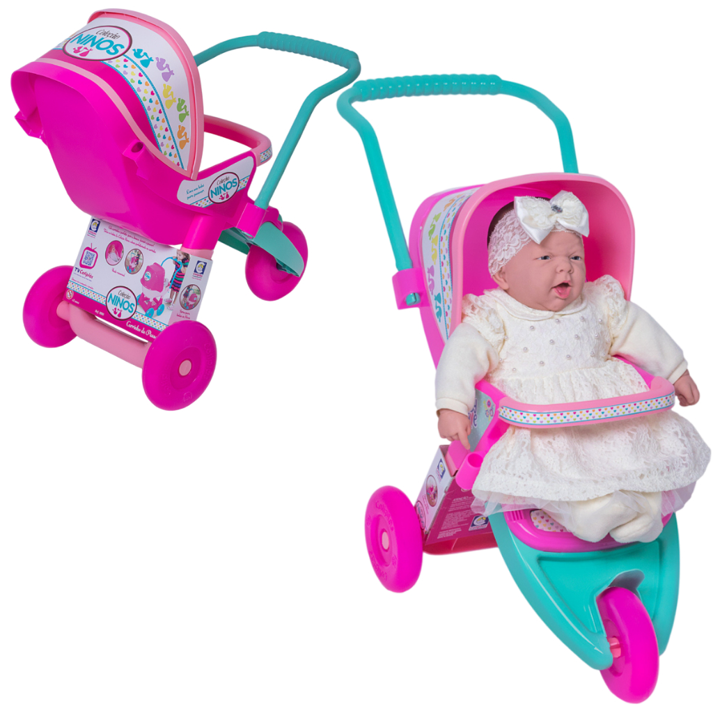 BM Carrinho De Boneca NINOS Infantil 3 Rodas Em Plástico Ninos Reborn Para Passeio Rosa Cotiplás