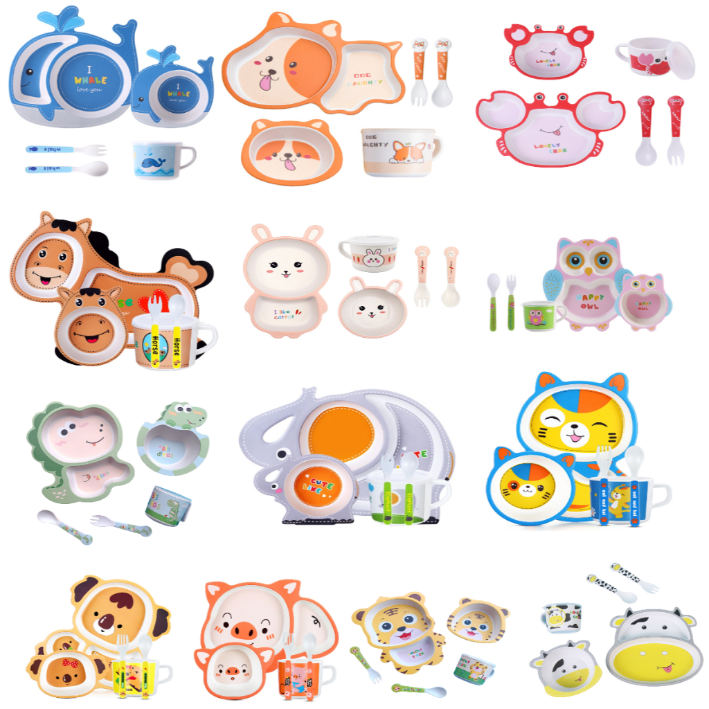 Kit Prato Infantil Criança Fibra Bambu Ecologico Com 5 Peças Introdução Alimentar Formato Animais