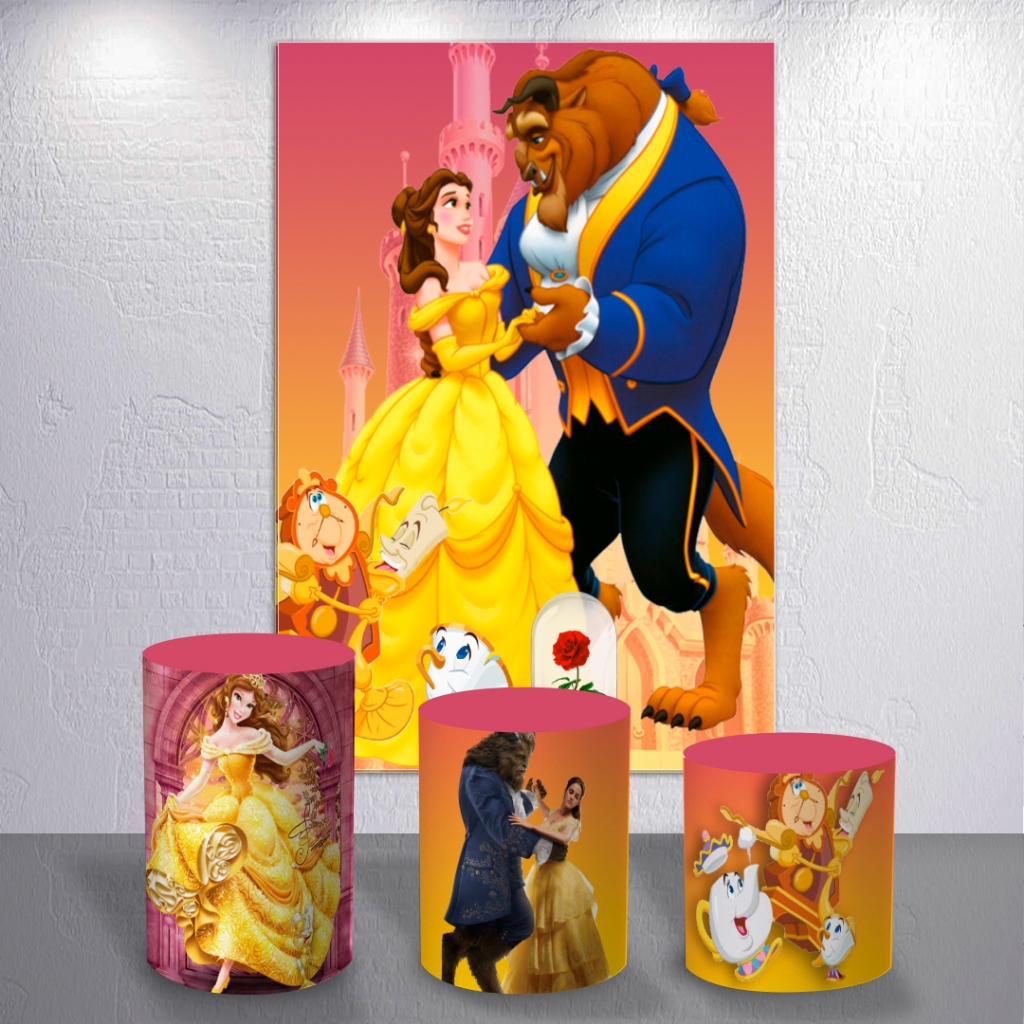 Capas Para Cilindros E Painel Tema Castelo Mágico Dourado Sublimado Festa Retangular Infantil