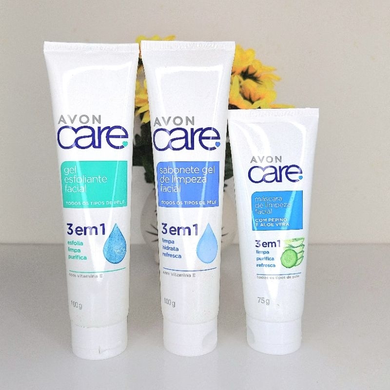 Avon Care Skincare: Máscara de Pepino e Aloe Vera, Sabonete Gel Facial Esfoliante e Gel de Limpeza