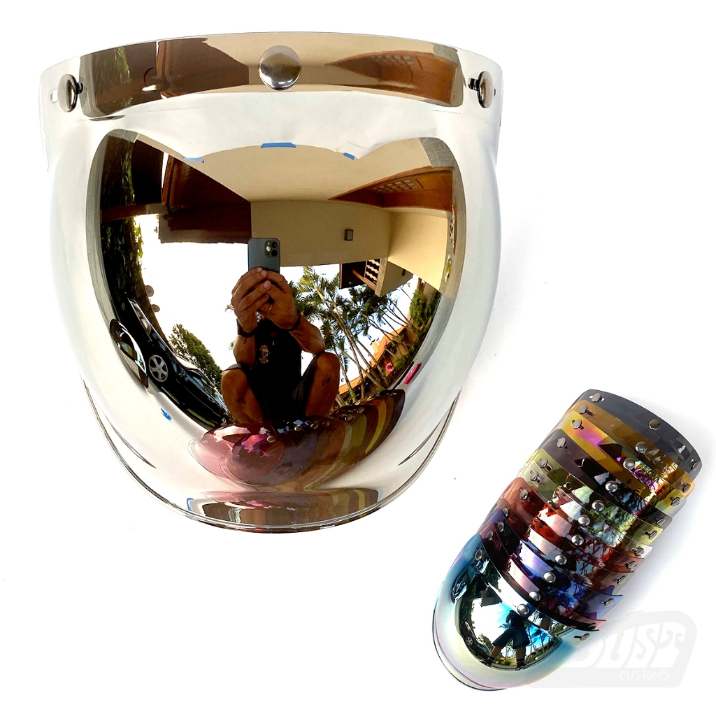 Viseira Bolha Espelhada Prata Mirror para Capacete Aberto com 3 Botões de Pressão/Custom Old Cafe Racer Retrô anti-risco