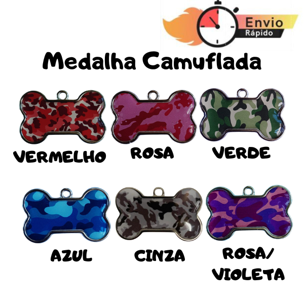 Placa Medalha Plaquinha de Identificação Pingente Camuflado Personalizado Pet Cachorro Cão e Gato
