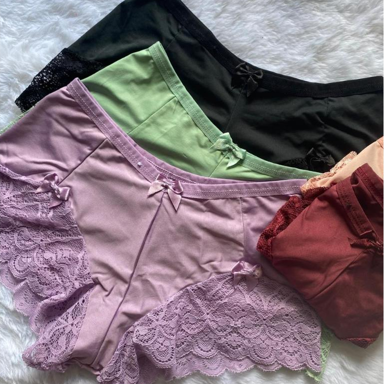 Kit 5 Calcinha Shortinho Feminino Lingerie Em Microfibra Com Recorte de Renda e Forro Algodão