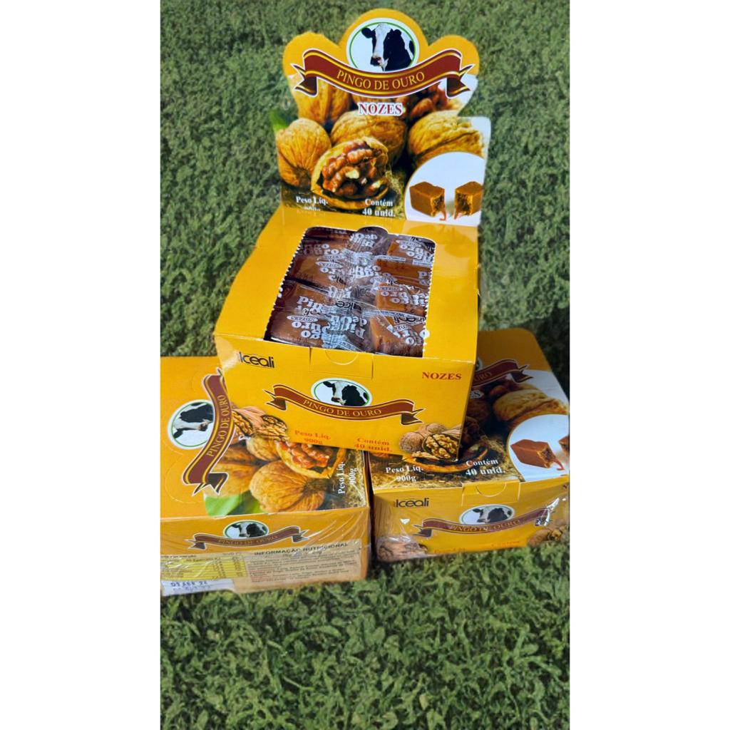 DISPLAY CAIXA FECHADA O MELHOR DOCE DE LEITE MACIO E COM CASQUINHA PINGO DE OURO ICEALI 40 UN EMBALADOS UMA UM