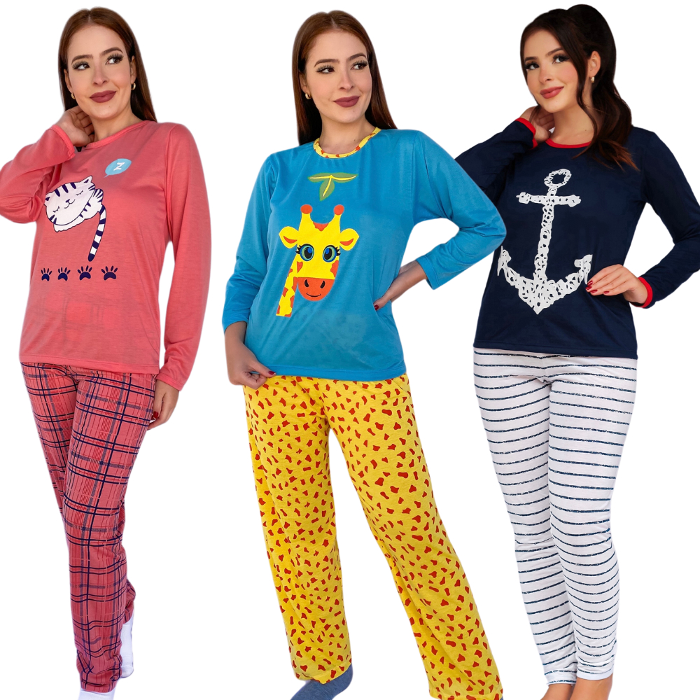Pijama De Frio Feminino Longo Estampado Personagens Desenhos