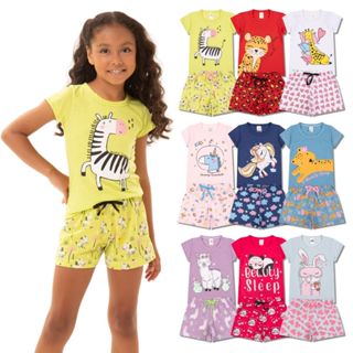 Kit Sortido 4 Peças de Pijamas Infantis para Meninas Confortáveis e Cheios de Estilo - 2 Camisetas + 2 Shorts em Oferta na Shopee