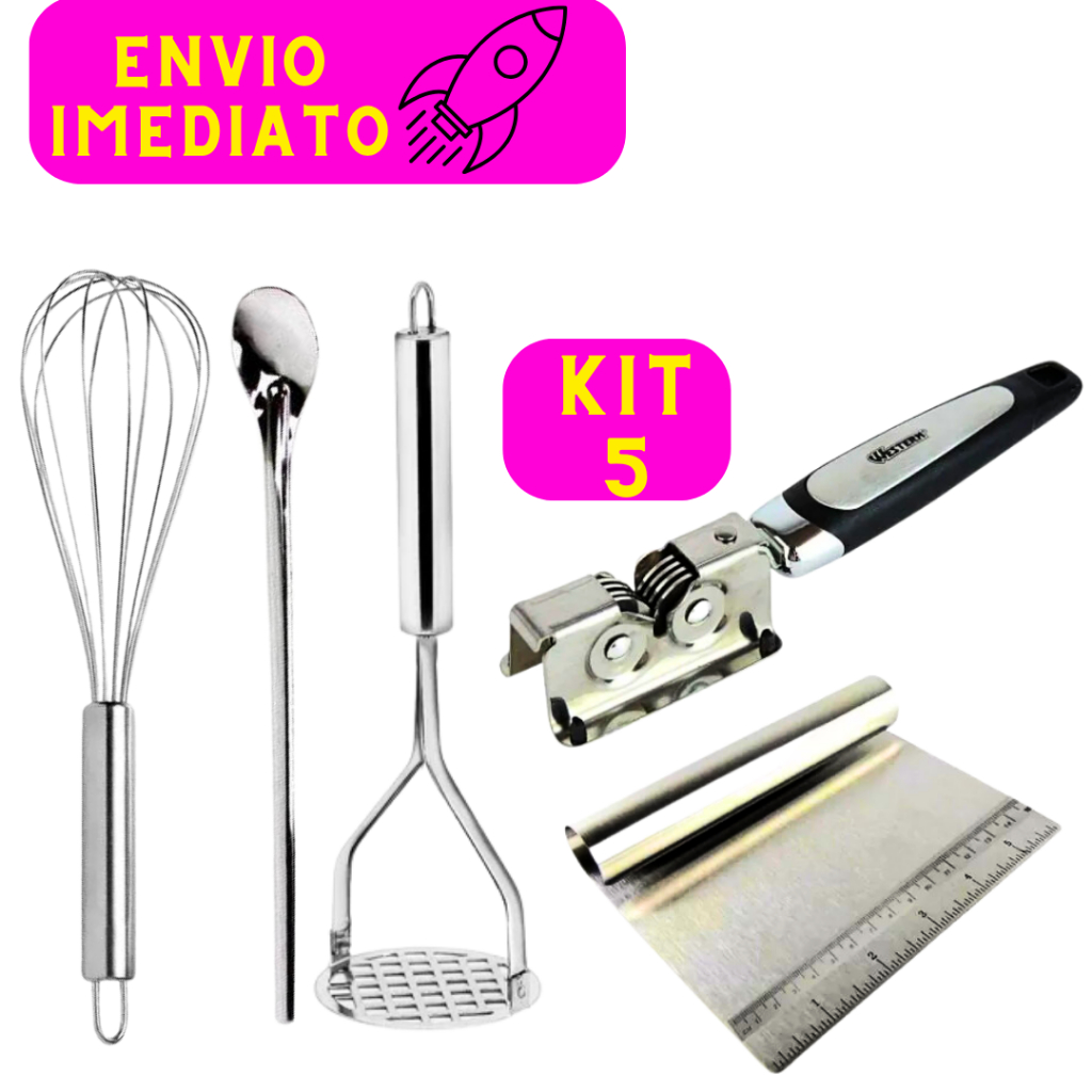 Jogo Kit Utensílios de Cozinha 5 Peças 100% Aço Inox Fouet Colher Suco Amassador Batata Amolador