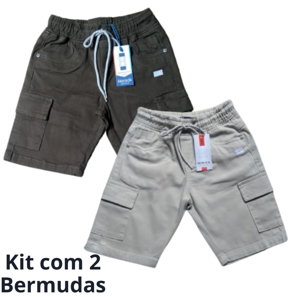 Kit com 2 Bermudas Infantil Cargo Masculina de sarja com elástico no cós BEGE e VERDE MILITAR- Ref. 2929