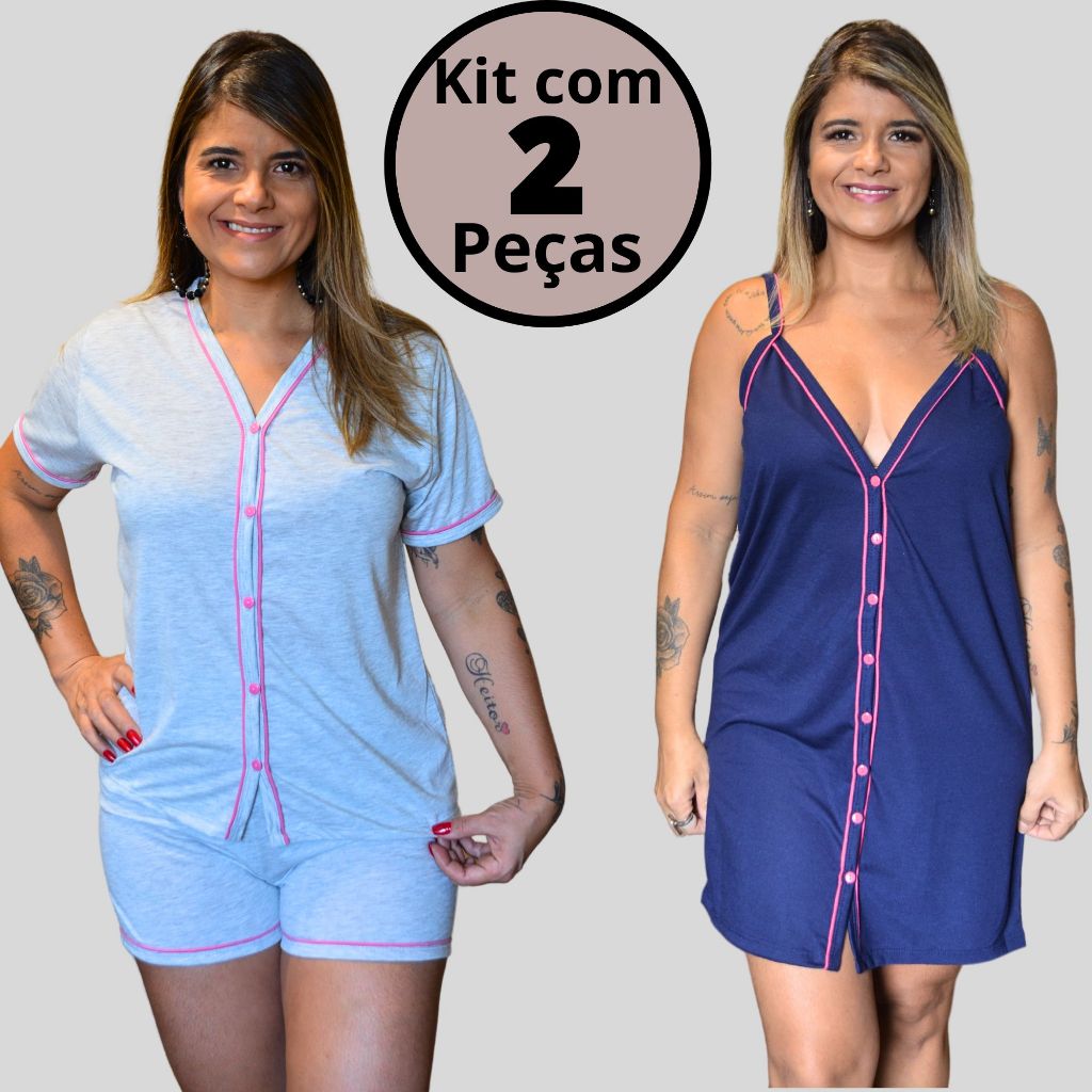 Kit com 2 Pijamas Baby Doll Amamentação Americano Cirúrgico com botões luxo Malha Blogueirinha