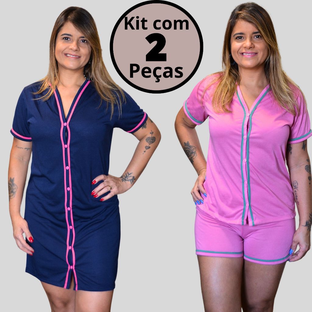 Pijama Baby Doll Amamentação Kit com 2unds (1 Camisola + 1 Baby doll)em Malha com Botões Cirurgico