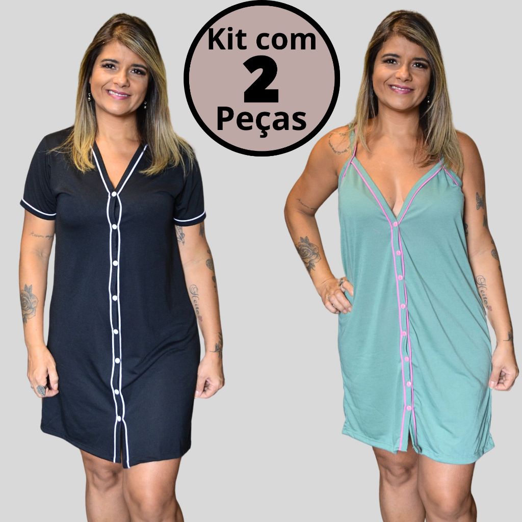 Camisola Pijama Amamentação Kit 2und(1Camisola Meia Manga + 1Camisola Manga Longa)Malha com Botões