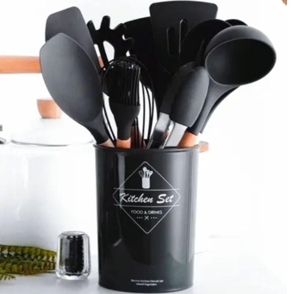 Jogo Kit C/12 Peças Utensílios De Cozinha Colheres Espatula Silicone Cabo Madeira Decoração Livre BPA