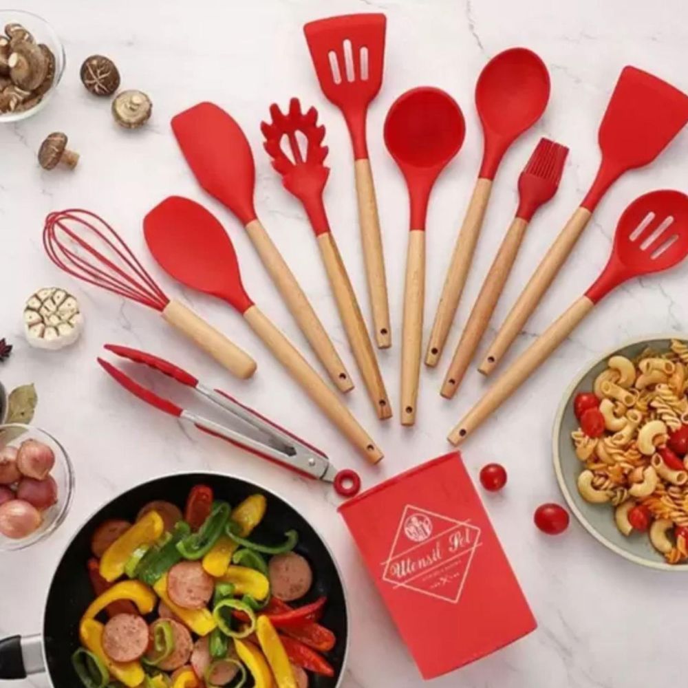 Jogo de Cozinha Kit C/12 Peças de Silicone, Utensílios e Copo Suporte para Cozinha Cabo de Madeira ALEX
