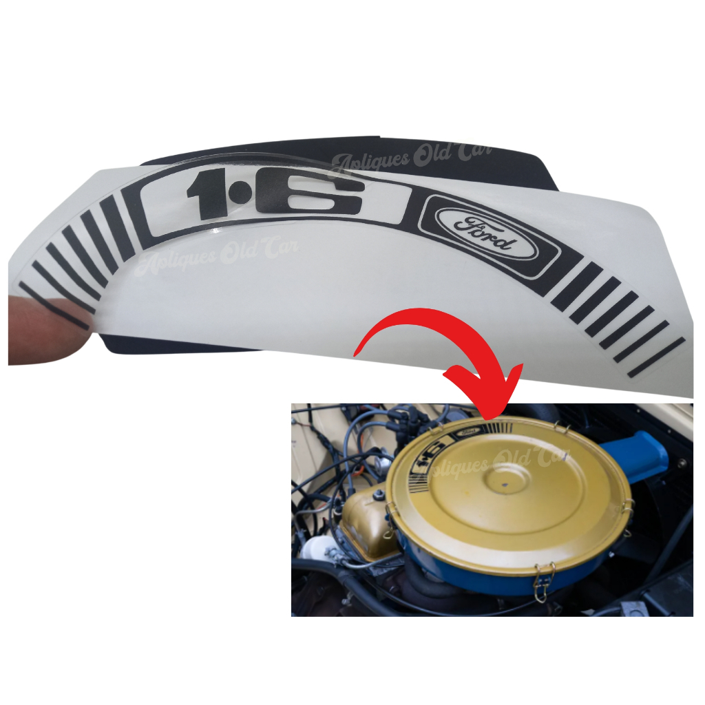 ADESIVO 1.6 FORD DECALQUE PRETO / TAMPA FILTRO DE AR DOURADA / BELINA, CORCEL 2 / MOTOR AZUL 78 A 82