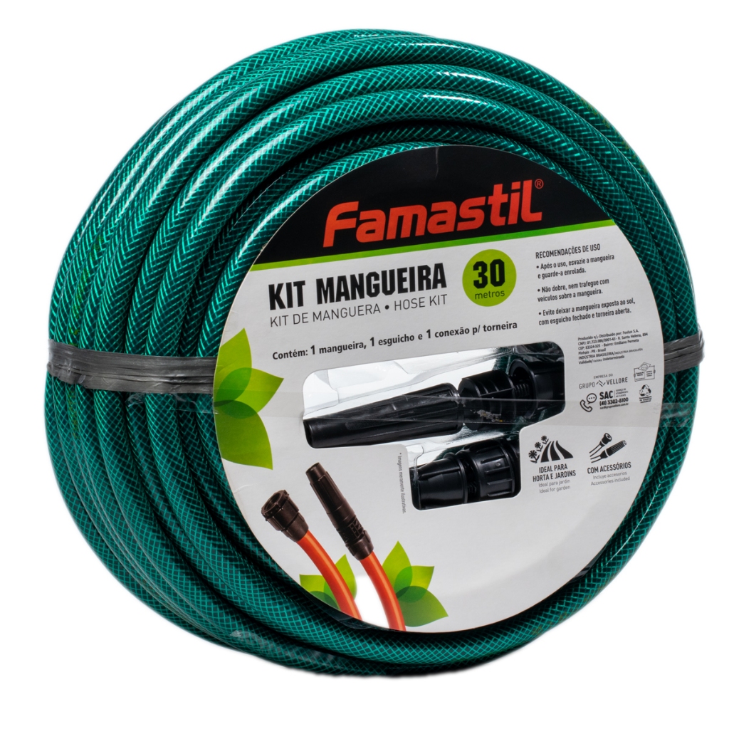 Mangueira para Jardim Trançada 30M 7/16 x 1,5mm Kit Esguicho e Conector Verde Famastil em Oferta na Shopee