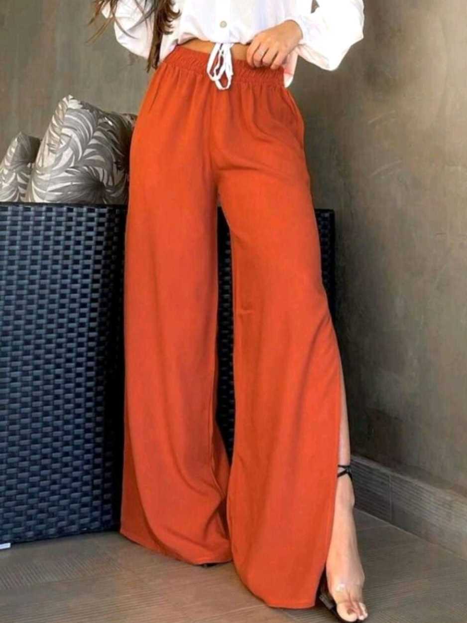 Calças Pantalona Feminina Wide Leg Solta Alfaiataria Corte Lateral Tecido Duna Conforto E Elegânca Moda Blogueira