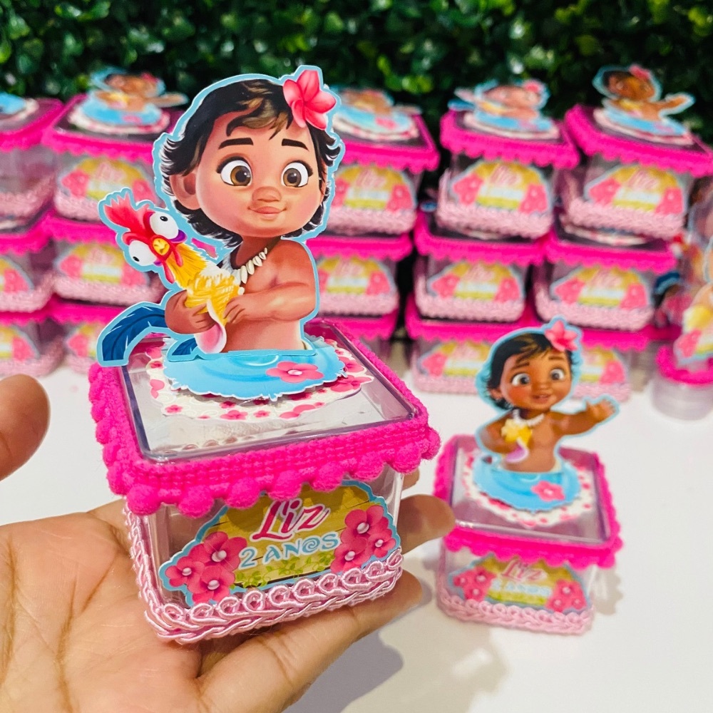 Kit 10 Caixas Acrílica 5x5 Moana Baby Rosa Lembrancinha Personalizada Luxo | Festa Infantil