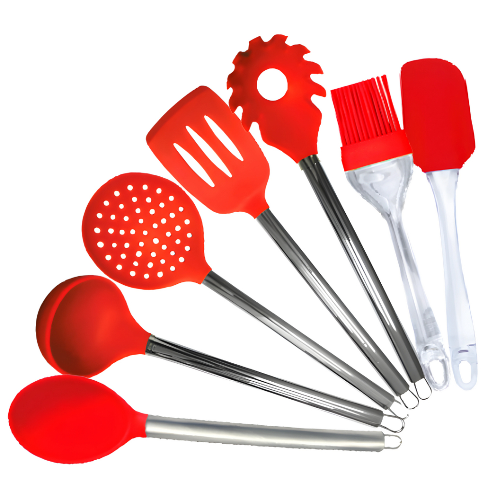 Kit Utensílios De Cozinha Silicone Com Inox e Acrílico 7 Peças Vermelho Jogo de Cozinha Versátil Várias Peças Funcional Utilidade Alta Qualidade Resistente