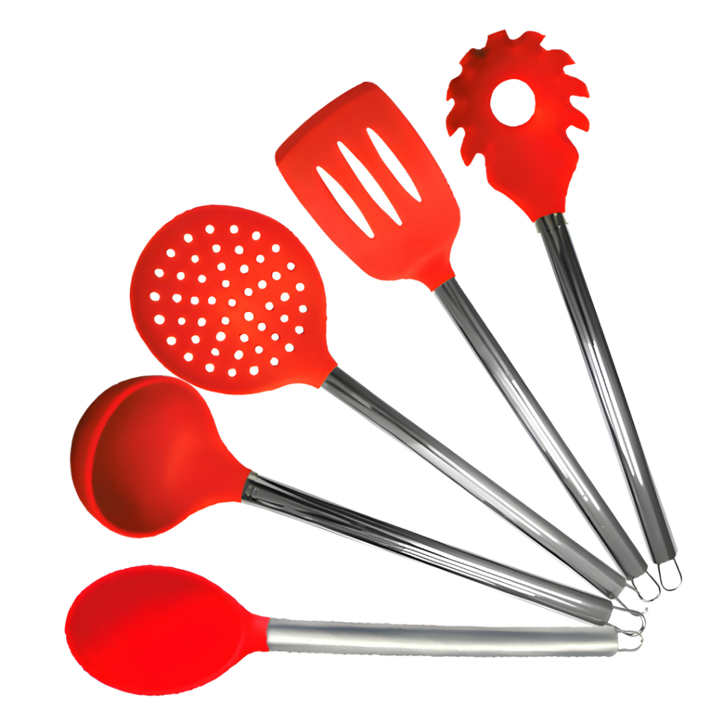 Kit Utensílios De Cozinha Silicone Com Inox e Acrílico 5 Peças Vermelho Jogo de Cozinha Versátil Várias Peças Funcional Utilidade Alta Qualidade Resistente