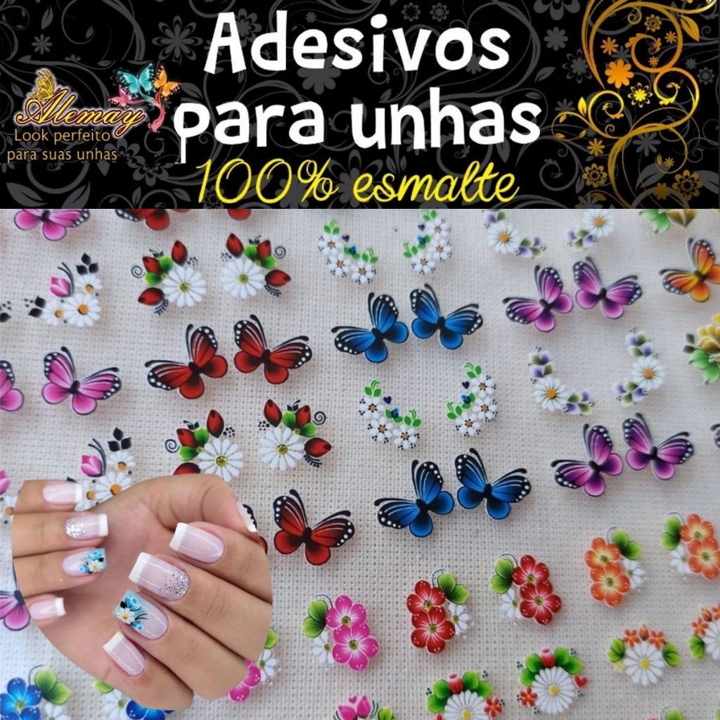 Alemay 100 Adesivo de Unha 3D Pré Pronta Mão Pés Nail Art e Leve mais 20 Adesivos