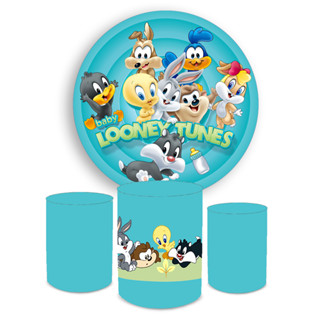 Kit Capa Painel de Festa Redondo + Trio Capas de Cilindro Sublimado Tema Looney Tunes Desenho Infantil em Oferta na Shopee