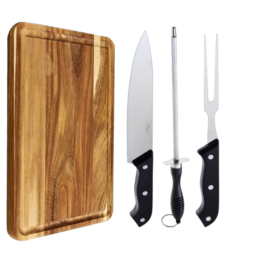 Kit Churrasco Tábua de Carne Madeira Faca e Garfo Conjunto Churrasqueiro em Oferta na Shopee