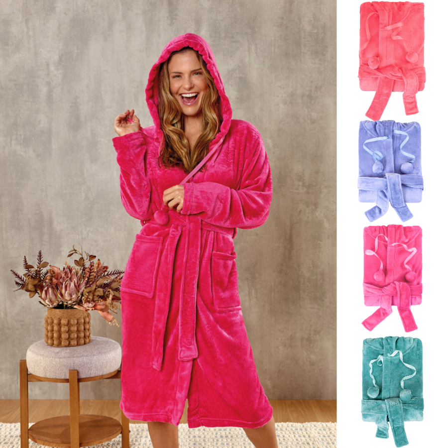 Roupão Adulto Feminino CAPUZ TOUCA POMPOM Luxo Microfibra Quimono Pós Banho 2 Bolso Frio Inverno em Oferta na Shopee