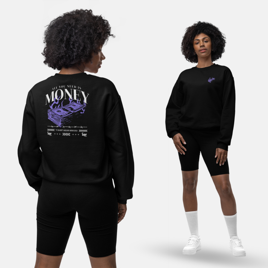 Blusa Moletom Preto Branco Feminino Masculino Unissex Oversized Street Wear Gola Careca Algodão Flanelado Estampado Money