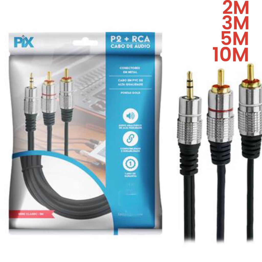 Cabo Audio Auxiliar P2 Estereo X 2 Rca Blindado Profissional 2M 3M 5M 10M