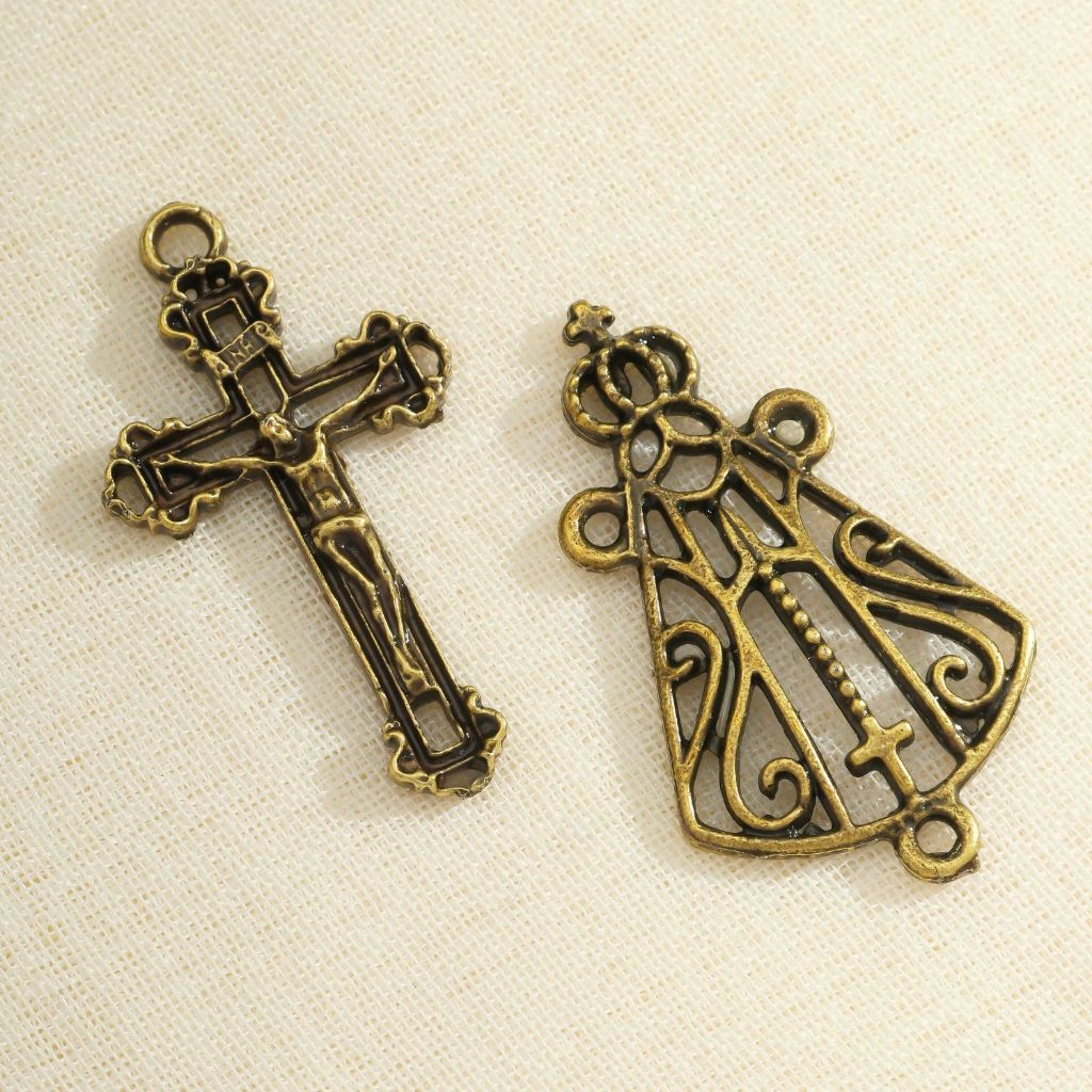 Entremeios Nossa Senhora Aparecida + Crucifixos Ouro Velho Alta Qualidade Asas da Fé Peça P/ Terço em Oferta na Shopee
