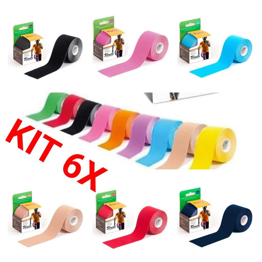 KIT 6X (SEIS) Fitas Kinesio Tmax Bandagem Elástica Terapêutica 5 Cm X 5m BEGE OU (DIVERSIFICADAS) Original