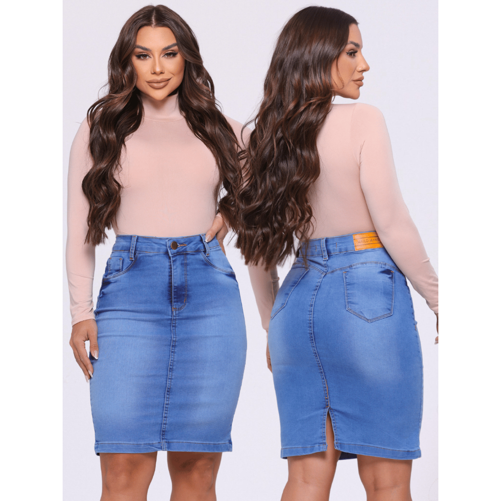Saia jeans Evangelica Com Elastano Midi Saia Evangelica Cos Alto Cintura Alta Com lycra em Oferta na Shopee