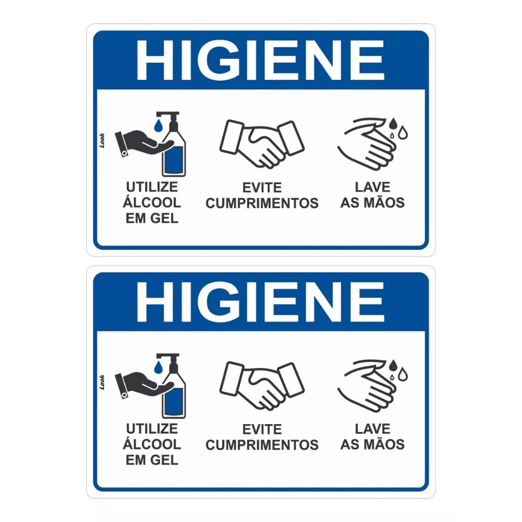 kit C/2 Unidades Placa Aviso Orientação Limpeza Álcool Gel Cumprimentos Lave as Mãos PS