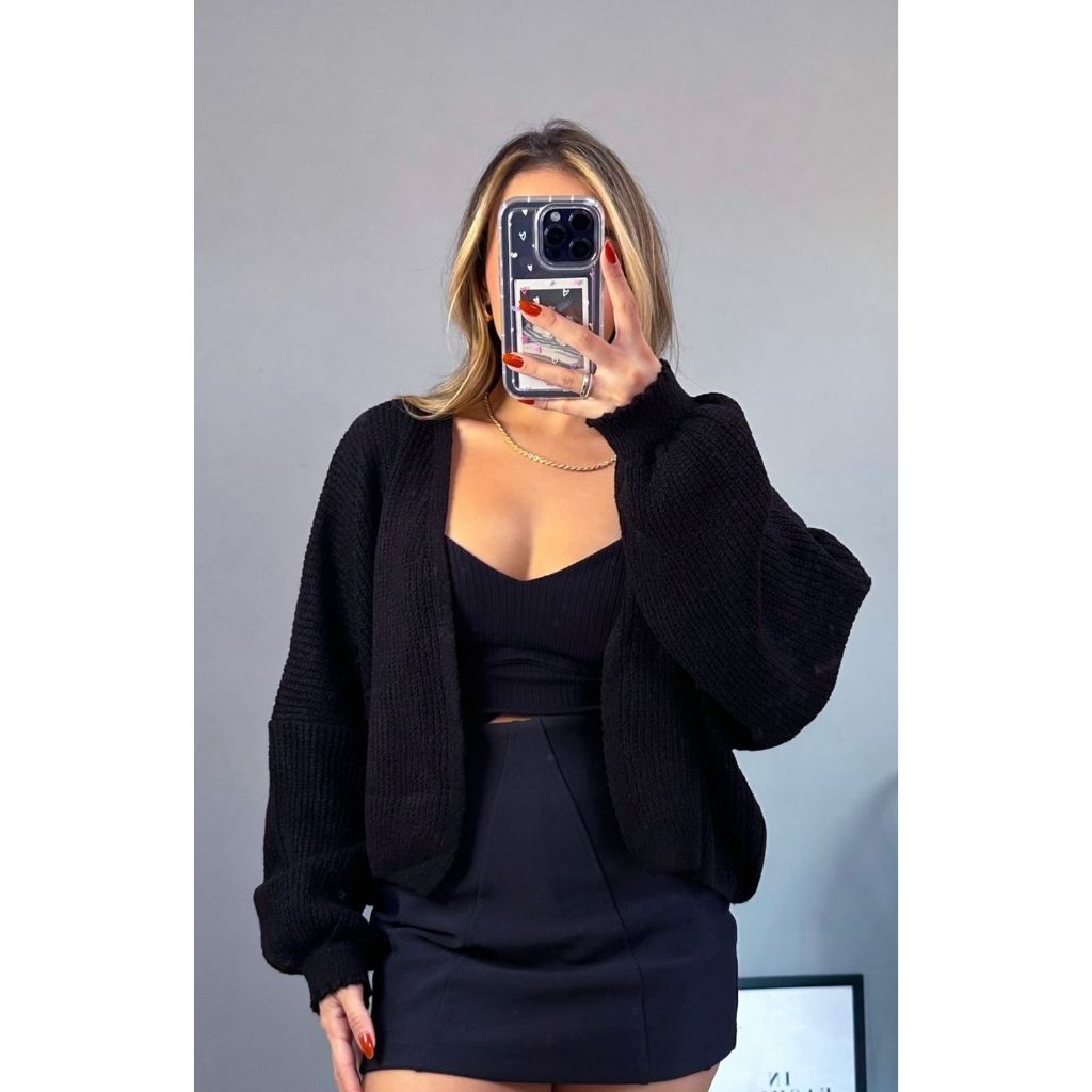 Casaco Curto Cardigan de Tricot No Fio Mousse Bolero Moda Trico Feminina Coleção Inverno