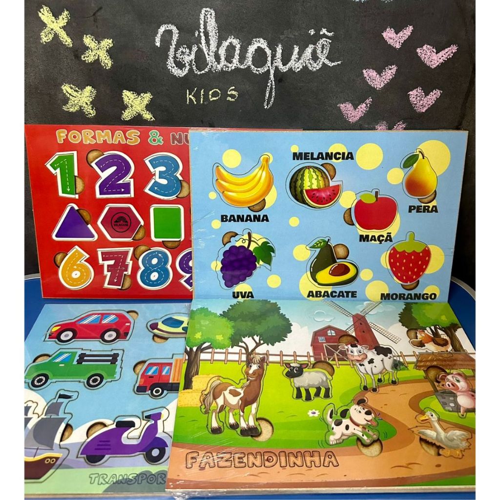 Brinquedo Pedagógico Quebra Cabeça Encaixes Frutas Meios de Transportes Fazendinha Legumes Mdf Jogo em Oferta na Shopee