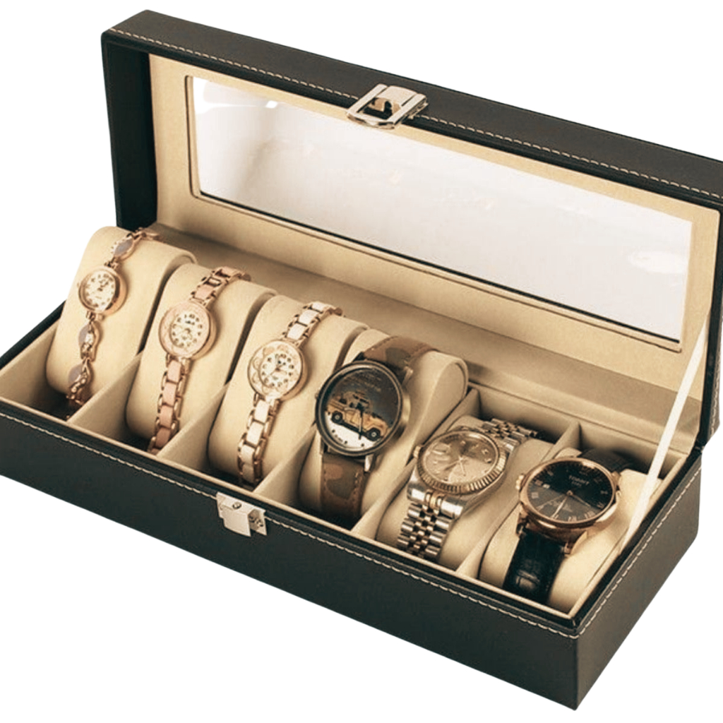 Porta Relógio Estojo Caixa Com 6 Nichos Divisórias Luxo Veludo E Couro Luxo