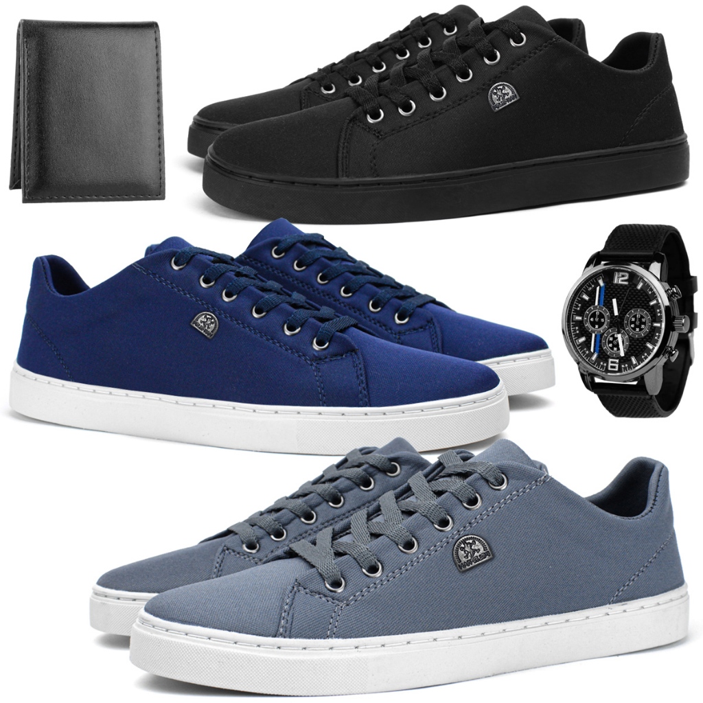 Kit 3 Tenis Masculino Sapatenis Jogging com Relogio e Carteira Slim Mais Barato do Brasil