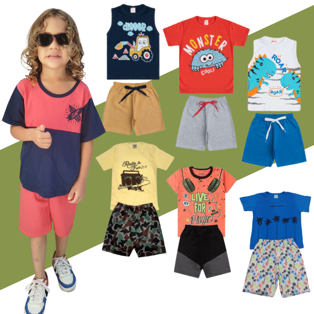 Kit 10 peças conjunto infantil masculino 5 camisetas e 5 shorts Moleton  Alta Qualidade Premium