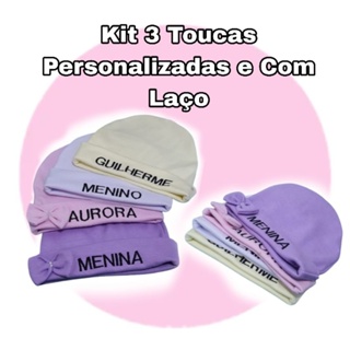 Kit 3 Toucas Recém Nascido Personalizadas Com Nome Bordado Várias Cores em Oferta na Shopee