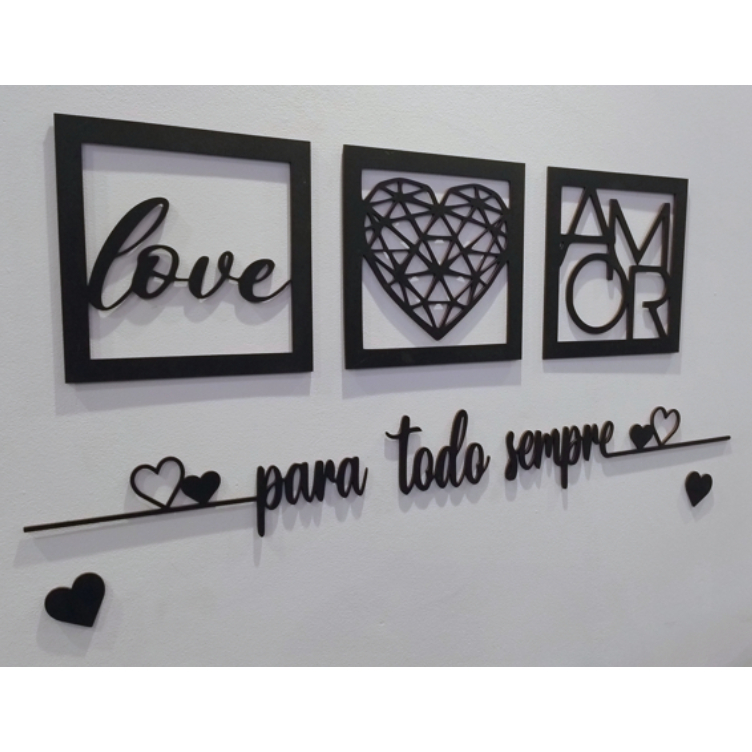 Kit 3 Quadros Decorativos 30 CM + Frase Com 2 Mini Apliques de Coração Frase de Parede Quarto Ou Sala