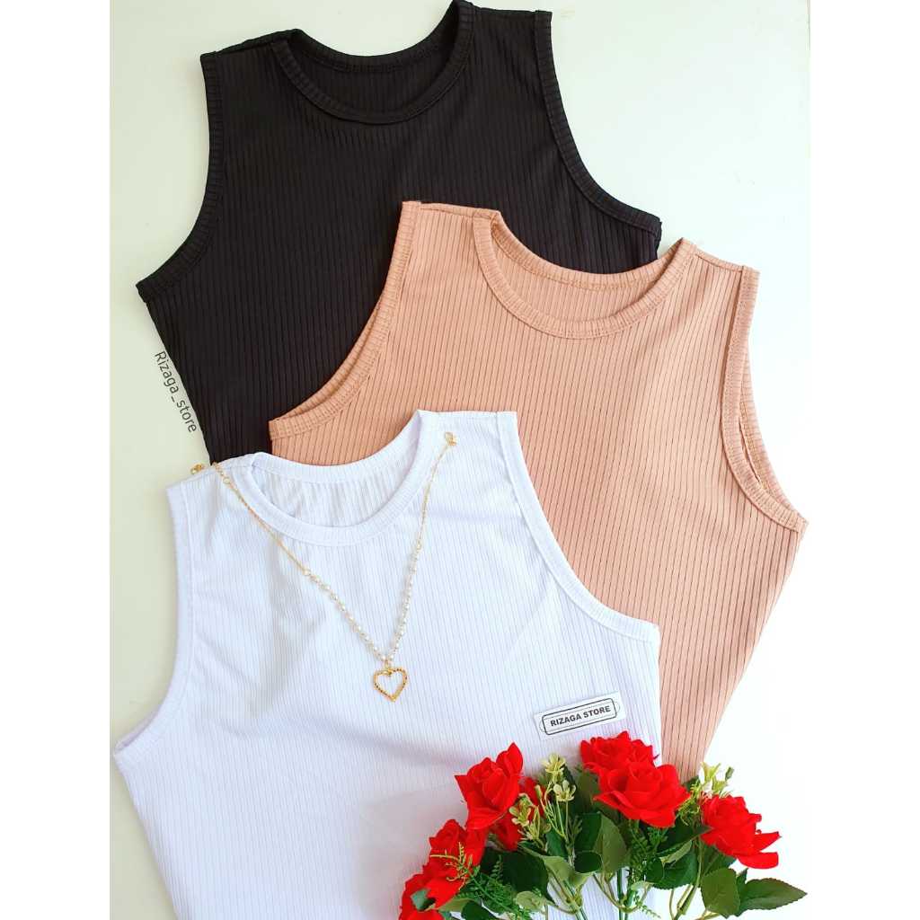 KIT 3 Cropped Regata Feminina - Gola Redonda Sem Manga / Malha Canelada Croped Verão Praia Blogueira  Cores