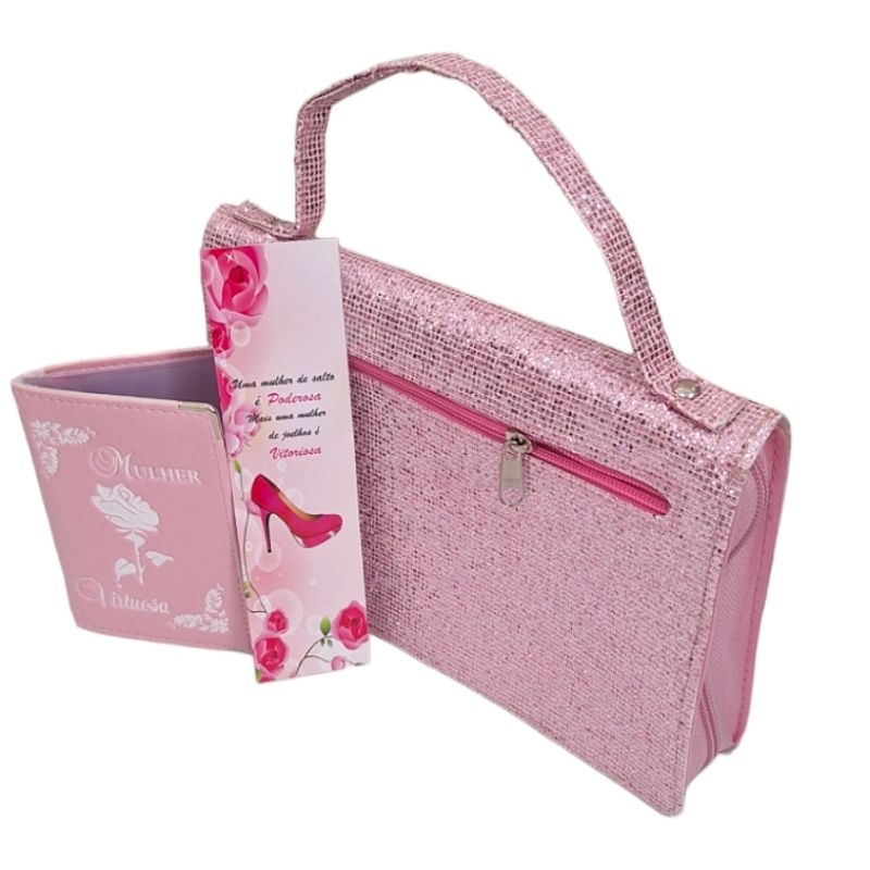 kit Mulher Virtuosa Capa Para Bíblia Glitter com Zíper e Bolso Externo + Porta Documentos + Marca Páginas
