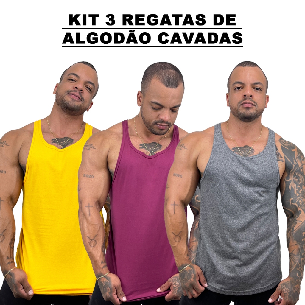 Kit 3 Regatas Masculina Cavadas Amarelo + Bordo + Cores Nadador 100% Algodão Lisas Básica - Bombey