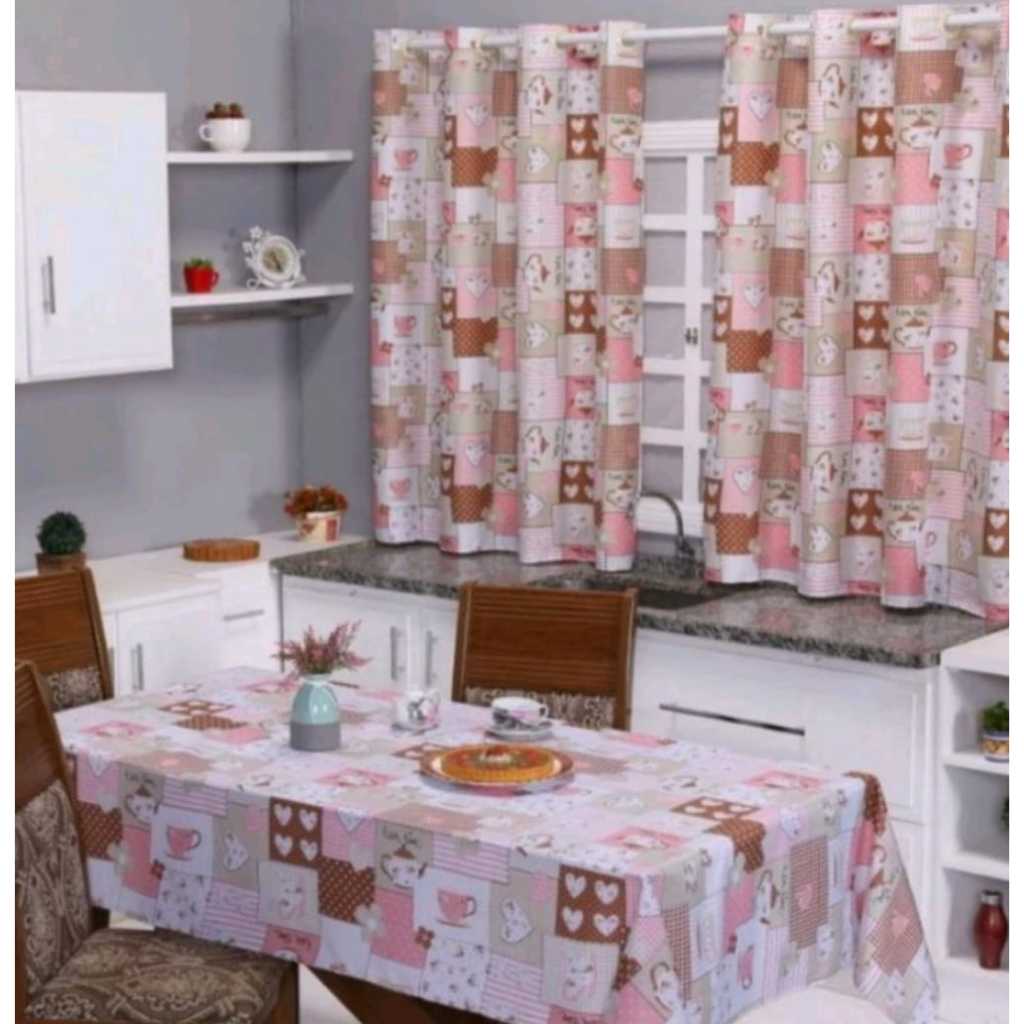 KIT DE COZINHA COM CORTINA DE COZINHA 2,20 X 1,40 E TOALHA DE MESA 4 CADEIRAS E 6 CADEIRAS