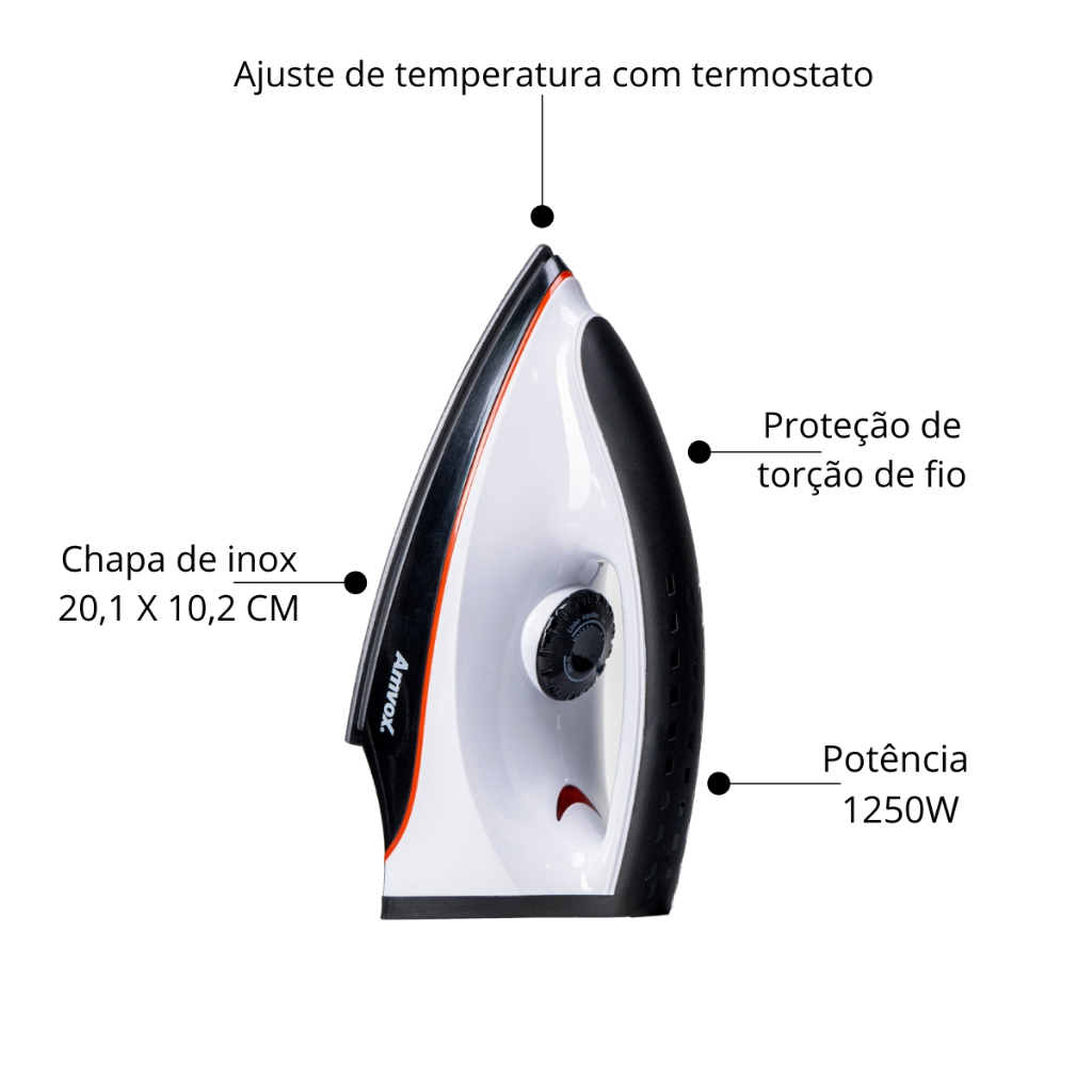 Detalhes do Ferro de Passar Roupa Amvox AF 1907  Antiaderente 1250W