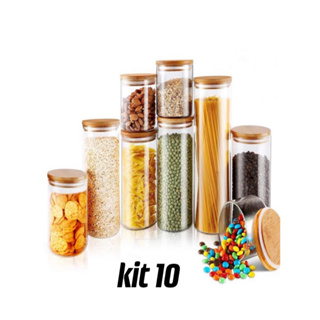 Kit 10 Potes vidro hermético para mantimentos tampa bambu 200 ml 250ml 300 ml 400 ml 500 ml 650 ml 800 ml 1000ml 1400 ml 1750 ml em Oferta na Shopee