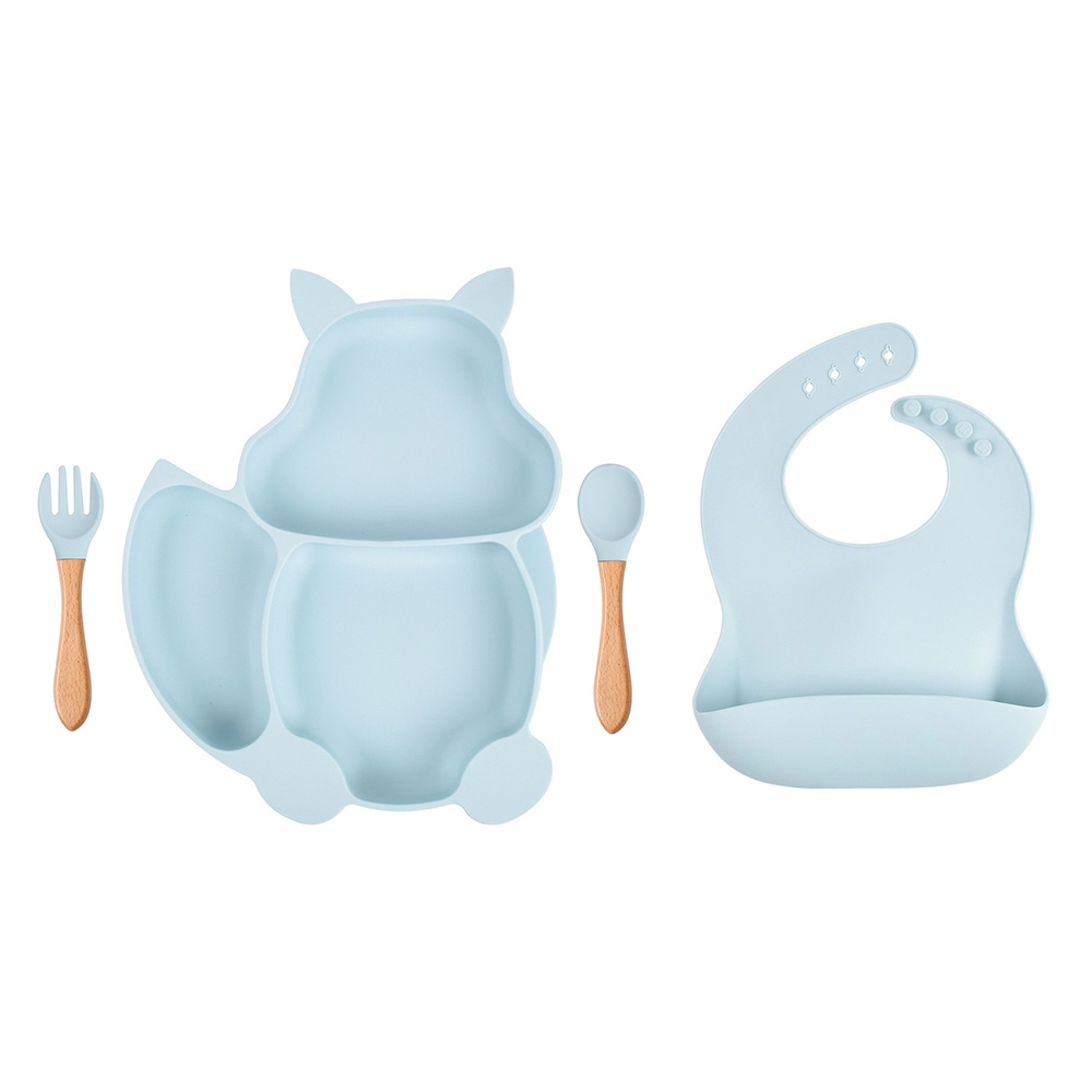 Kit 4 peças de silicone para Bebês e crinças contendo prato, babador, colher e garfo.