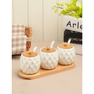 Kit Com 3 Peças Porta Mantimento em Cerâmica  com Tampa de bambu com bandeja colher de bambu em Oferta na Shopee