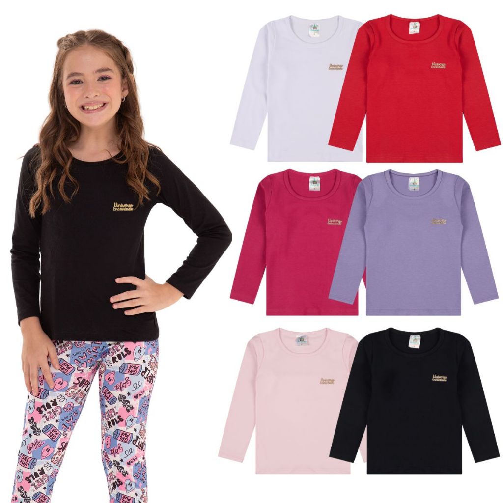 Kit 5 Blusas Manga Longa Infantil Menina Algodão Lisa